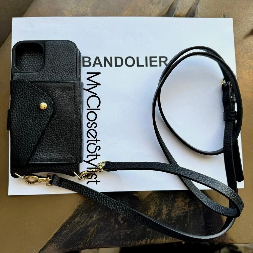 NEW Bandolier Black Leather FOLIO 12& Pro Gold iPhone Crossbody Purse CASE STRAP
